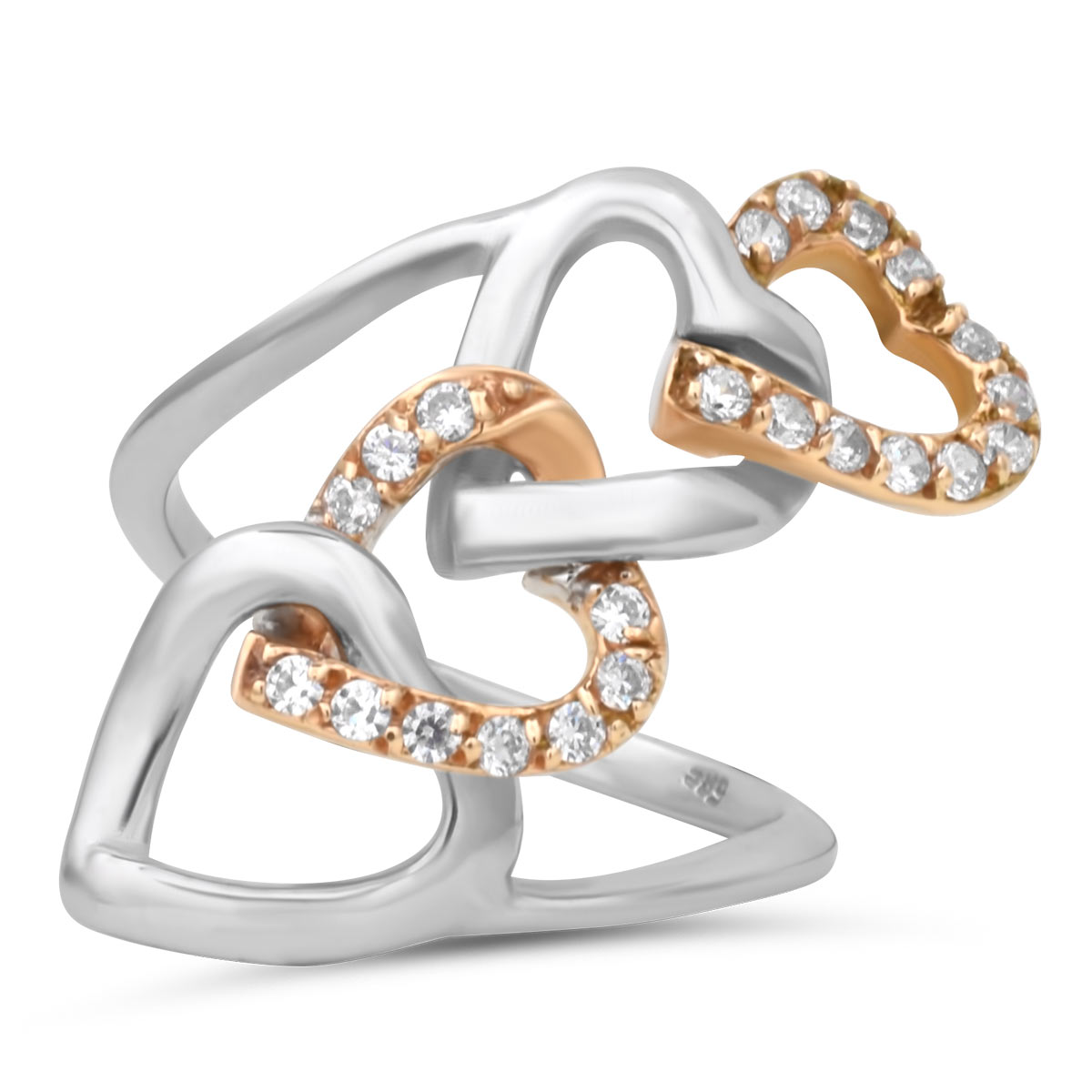 Λευκόχρυσο δαχτυλίδι Κ14 με καρδιές και ζιργκόν